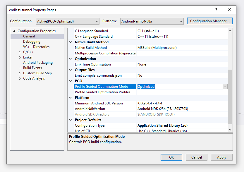 The Project Properties dialog, opened to the General settings, with the PGO
settings shown, and the Profile Guided Optimization mode set to
Optimized