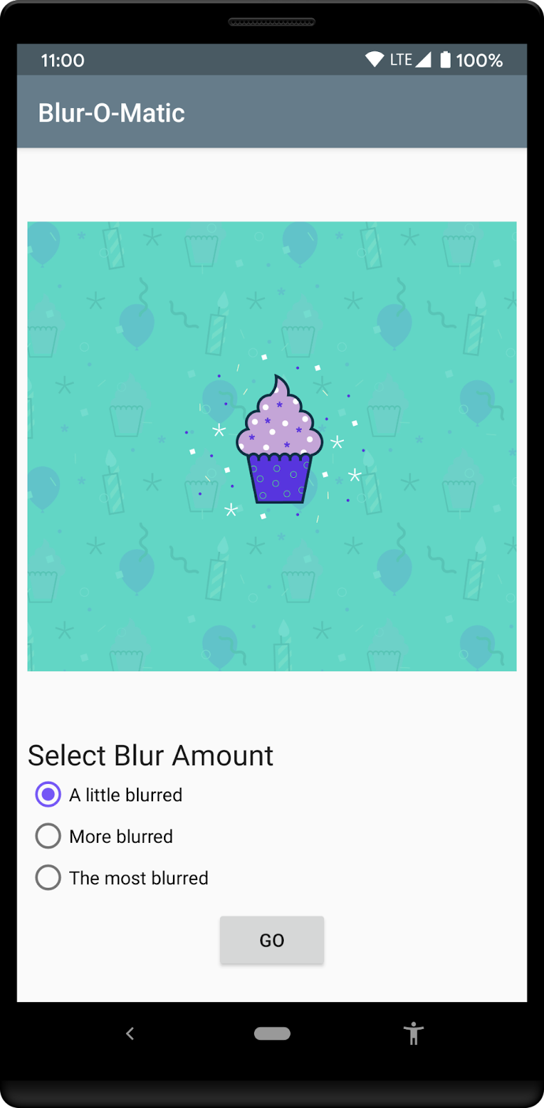 Screen shown to user after image has been selected from gallery, with radio buttons for desired blur amount and Go button to start blur process.