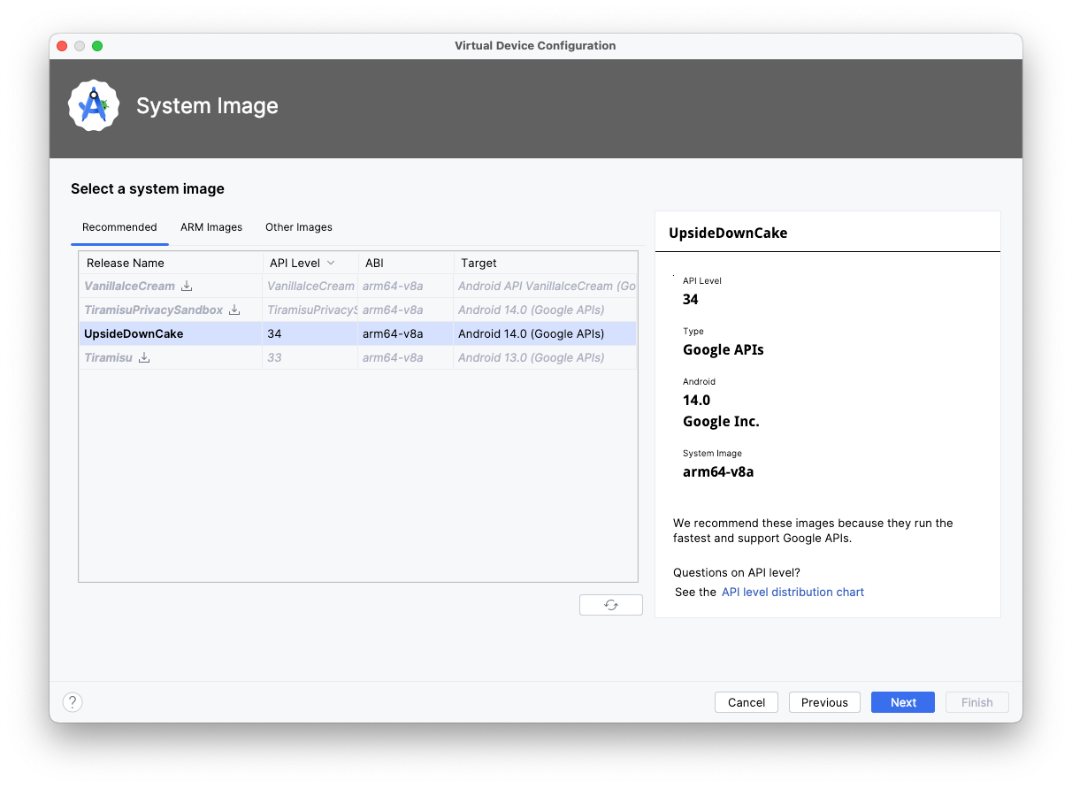 The Virtual Device Configuration window displays a prompt to select a system image. 34 API level is selected.