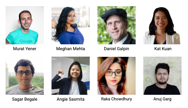 Image showing course authors, Murat Yener, Meghan Mehta, Dan Galpin, Kat Kuan, Sagar Begale, Angie Sasmita, Raka Chowdhury, and Anuj Garg