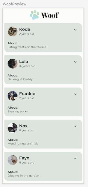 Woof Preview with expanded list items