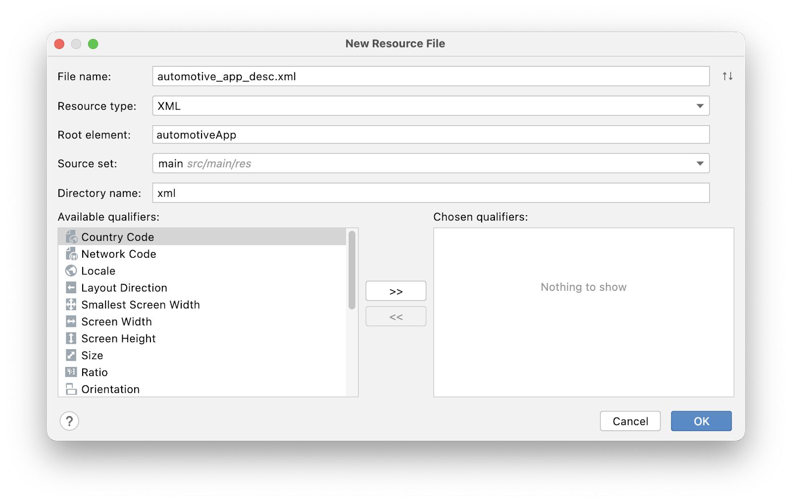 New Resource File wizard with the values set as described in this step. 