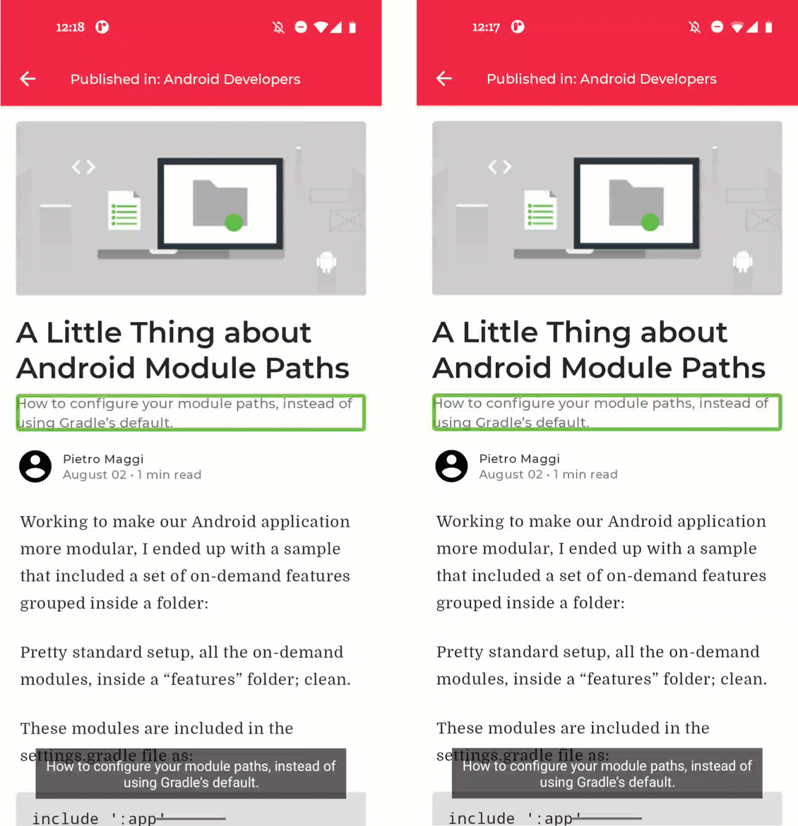 Two screen recordings with TalkBack enabled. Left sreen shows separate green TalkBack rectangles for Author and Metadata fields. Right screen shows one rectangle around both fields and reads the concatenated content.