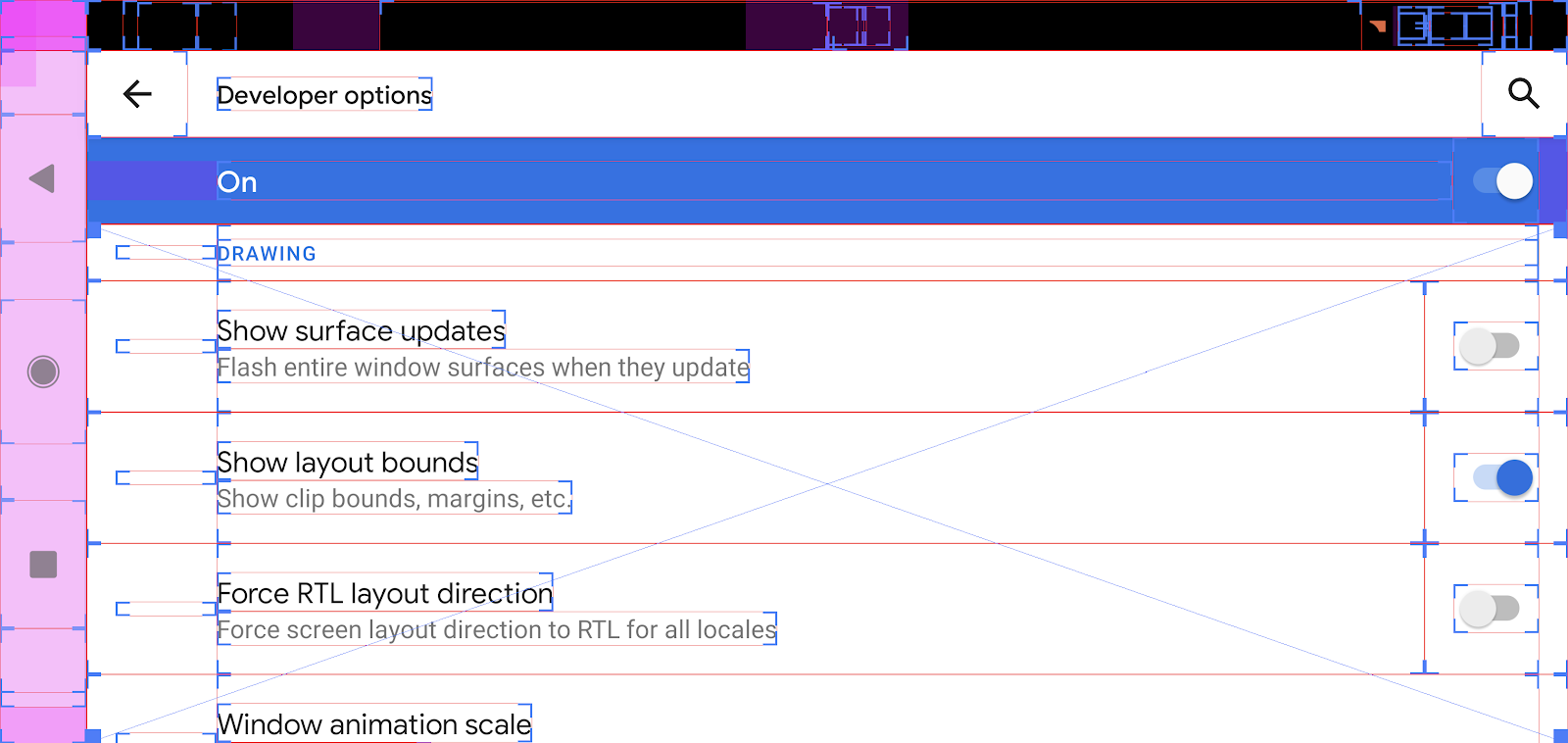 Screenshot showing layout bounds on screen.