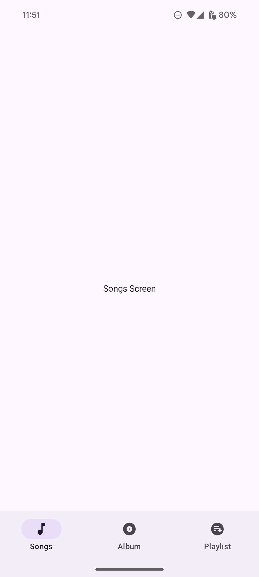 An app screen with 3 destinations listed horizontally in a bottom navigation bar: Songs, Album, and Playlist. Each destination has a relevant icon paired with it (e.g., a music note for “Songs”).
