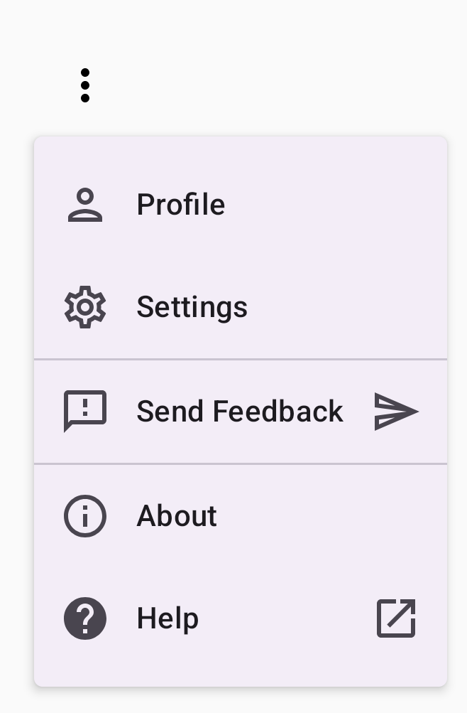 A dropdown menu with sections for Profile, Settings, Send Feedback, About, and