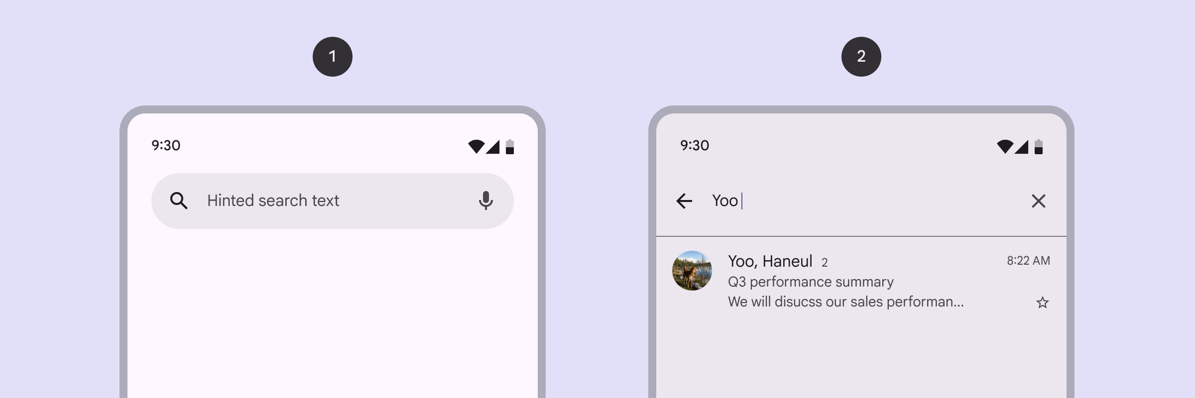 Two search bars are shown. The one on the left only has a text field.
The search bar on the left has a text field and a search suggestion beneath it.