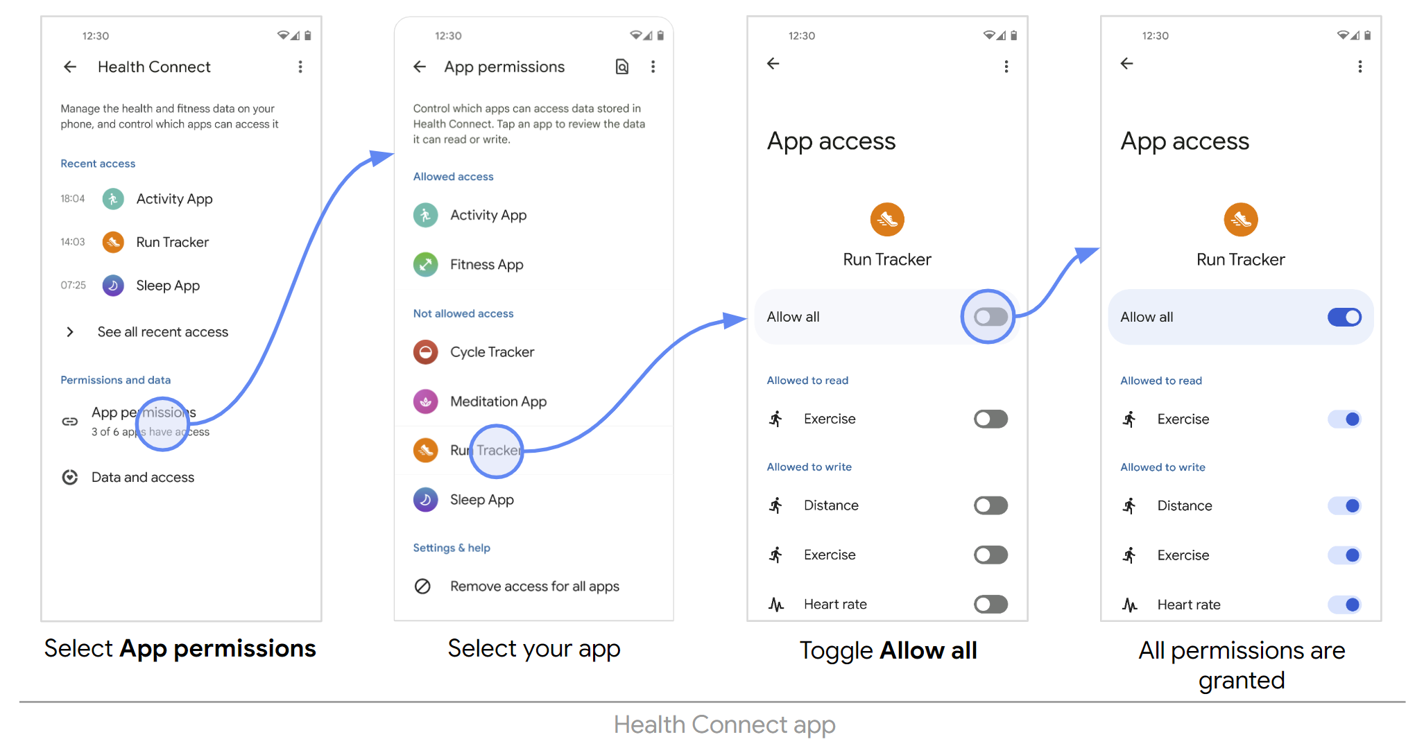 Allow permissions through the Health Connect app