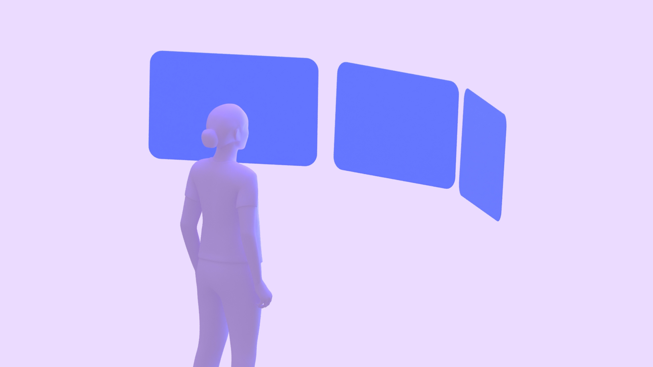 Person looking at three flat panels arranged side-by-side in a curved row,
with the outer right and left panels closer to
them