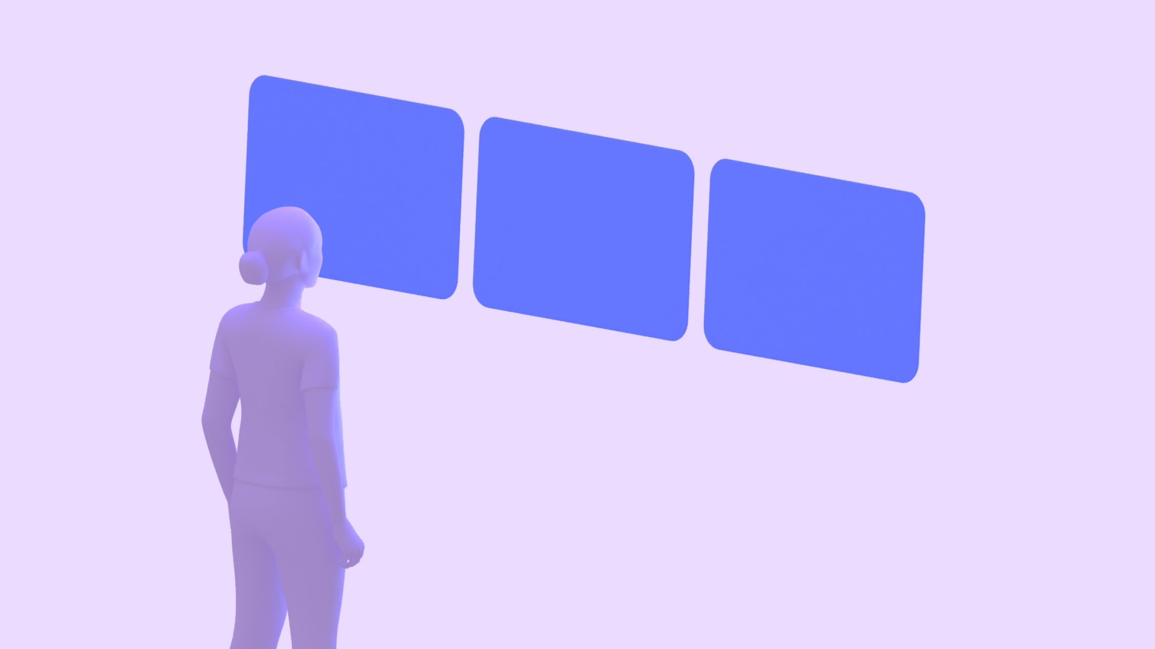 Person looking at three panels arranged side-by-side in a flat
row