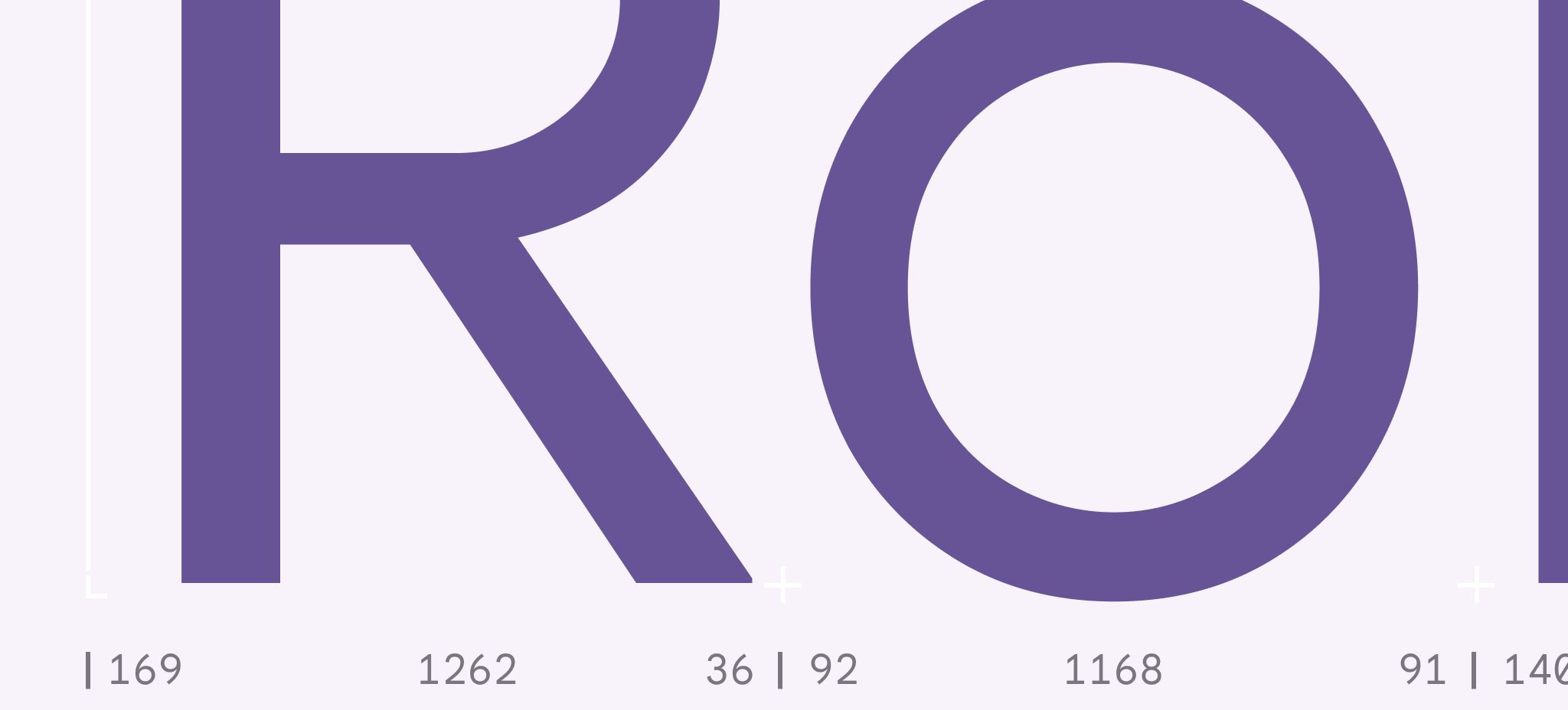 A close up of a large R and o, with typographic numbers along the bottom. The
dark purple letters clearly contrast against a light purple
background.