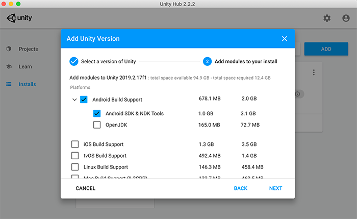 Add the Android Build Support NDK option in the Unity Hub