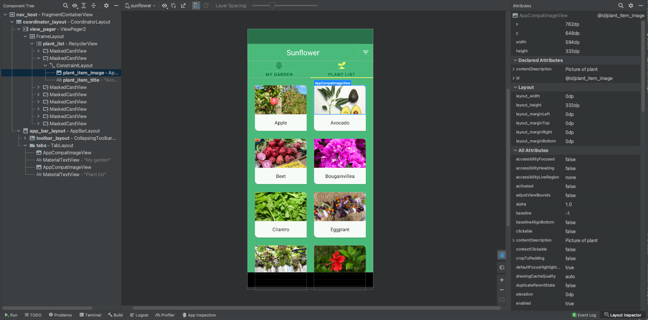 Layout inspector snapshot for the Sunflower sample app