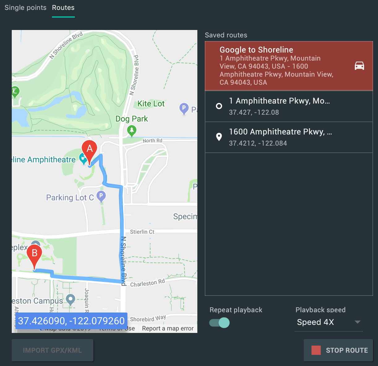 Routes tab in Emulator Extended Controls.