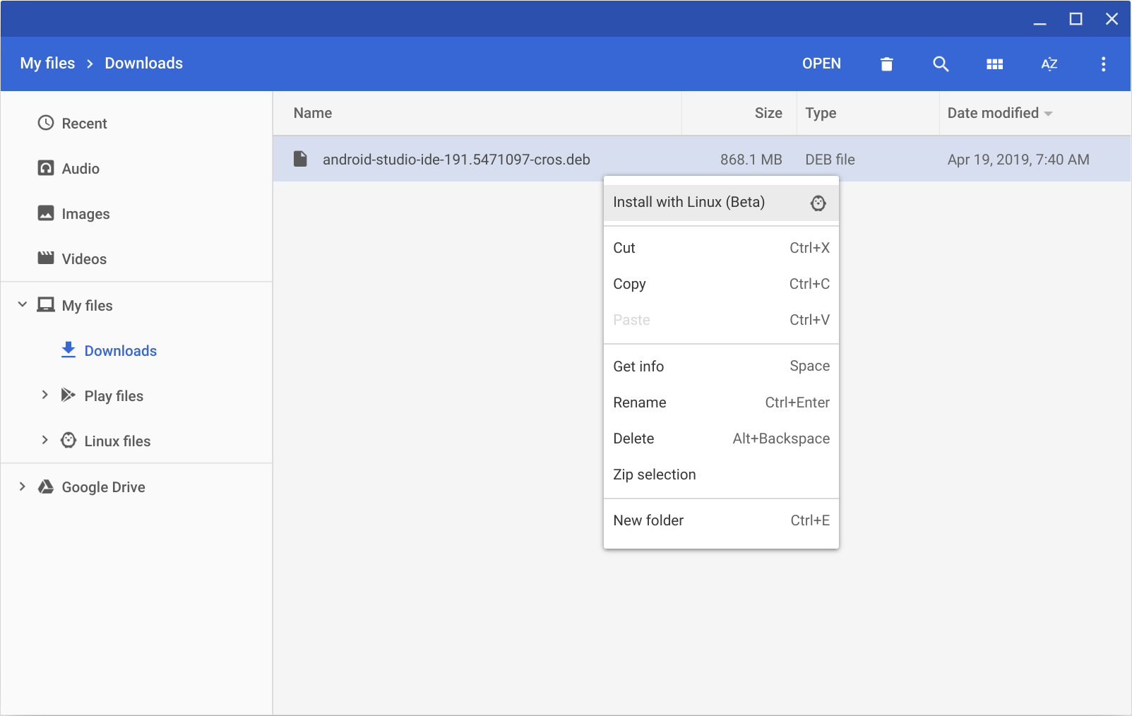 The target file location for DEB package on ChromeOS.